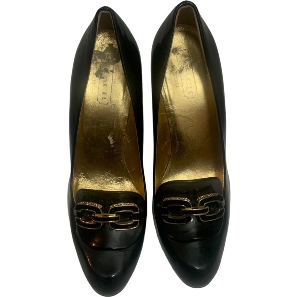 Coach Black Patent Leather Signature Double C’s Gold Metal Detail 4” Heel Pumps - Picture 12 of 14